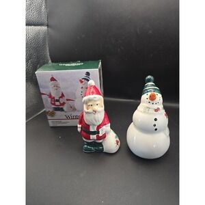 Vtg. Christmas Pfaltzgraff Winterberry Salt & Pepper Set SANTA & SNOWMAN w/ Box